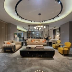 Beige Tufted Leather Sofa Collection with Yellow Velvet Accent Chairs & Stainless Steel Frames